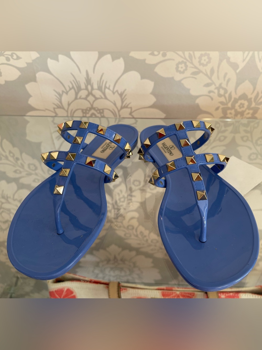 Valentino Blue Jelly Rockstud Thong Sandals with Gold Studs